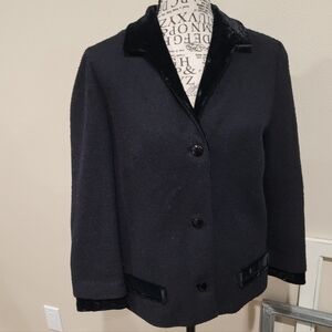 Vintage Butte Knit textured Wool jacket 3/3 sleeve button front velvet trim